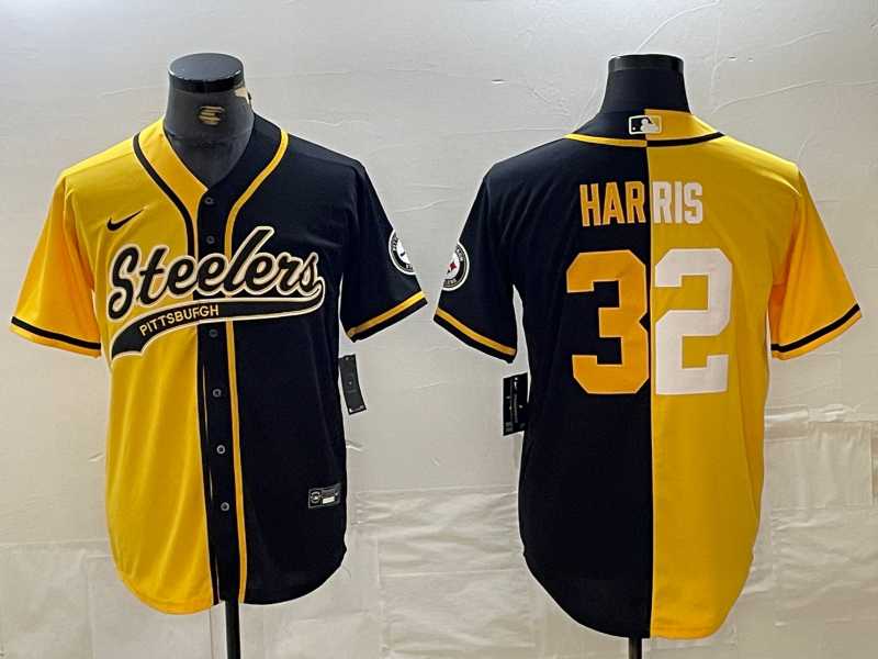 Mens Pittsburgh Steelers #22 Najee Harris Yellow Black Split With Patch Cool Base Stitched Baseball Jersey Dzhi